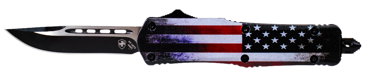 Templar Knife LUS331 US Flag Gen II Large 3.50" OTF Drop Point Plain Black Oxide Stonewashed 440C SS Blade/ 5.25" US Flag Aluminum Handle Features Glass Breaker Includes Pocket Clip/Sheath