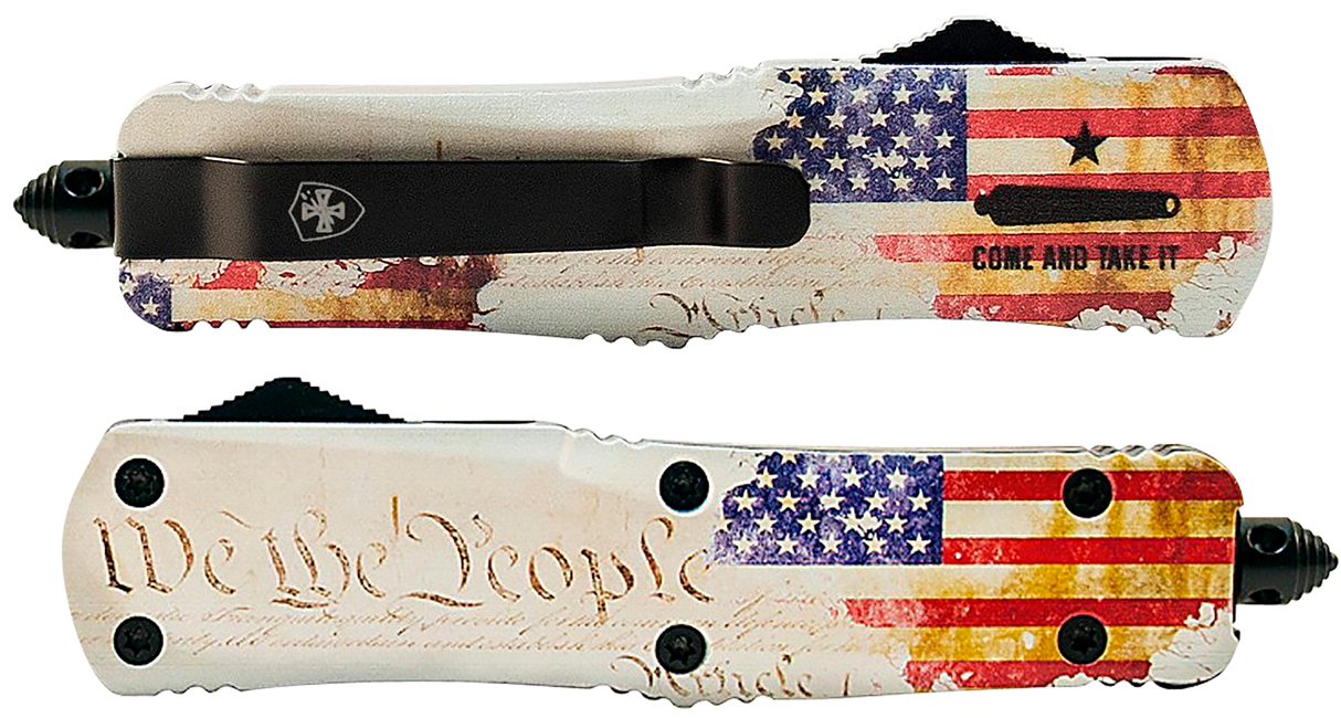 Templar Knife SWTP131 We The People Gen II Small 2.69" OTF Dagger Plain Black Oxide Stonewashed 440C SS Blade/ 4.31" White w/Flag & "We The People" Aluminum Handle Features Glass Breaker Includes Pocket Clip/Sheath