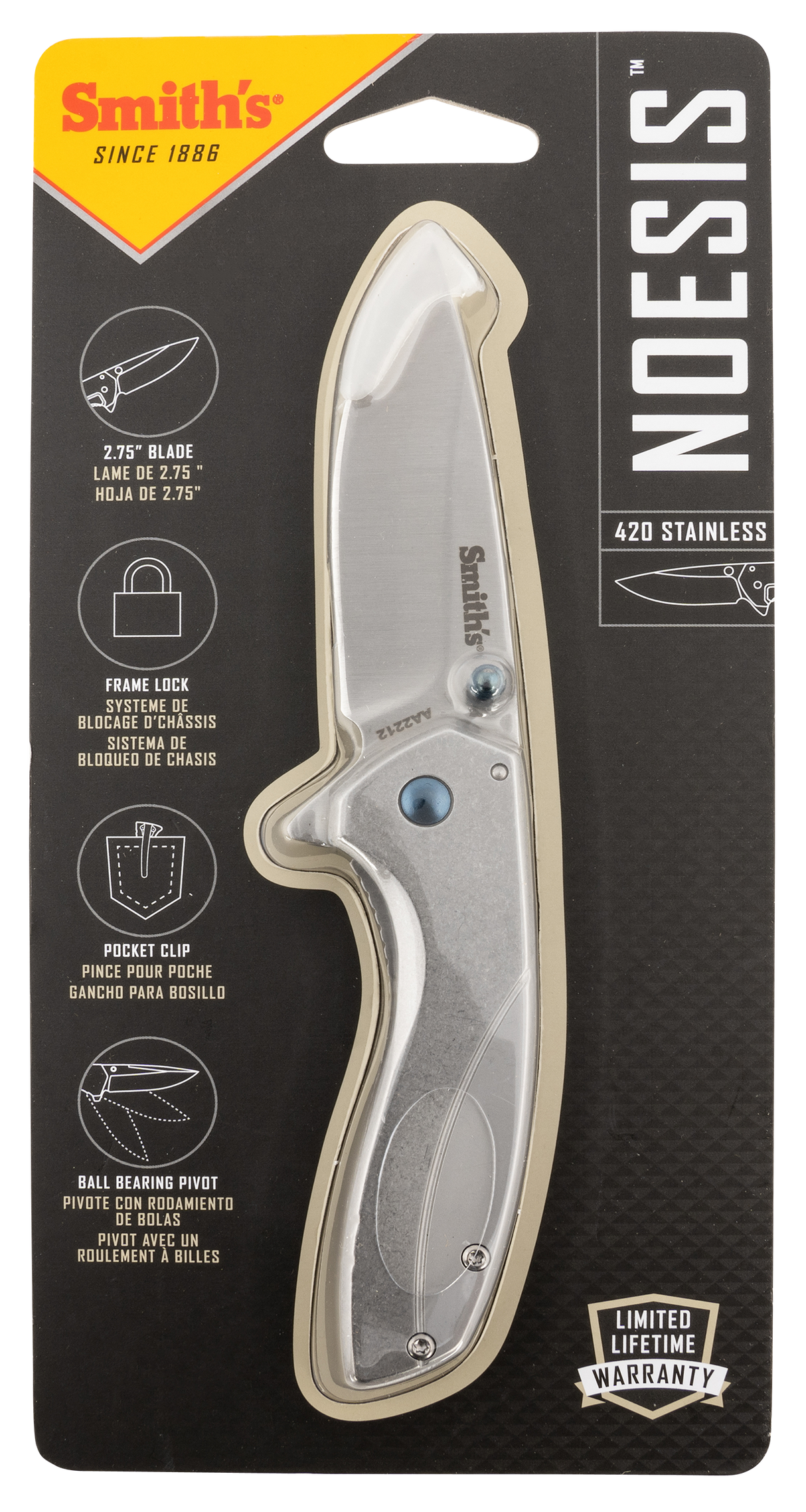 Smiths Products 51245 Noesis2.75" Folding Drop Point Plain Satin 400 SS Blade/Bead Blasted Stainless Steel Handle Includes Pocket Clip