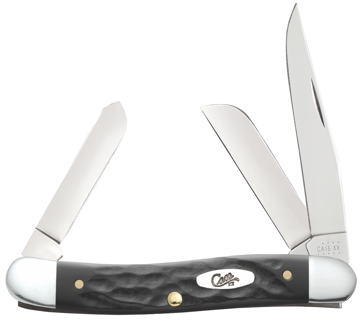 Case 18222 StockmanMedium 2.57"/1.88"/1.71" Folding Clip/Sheepsfoot/Spey Plain Mirror Polished Tru-Sharp SS Blade/Rough Black Jigged Synthetic Handle