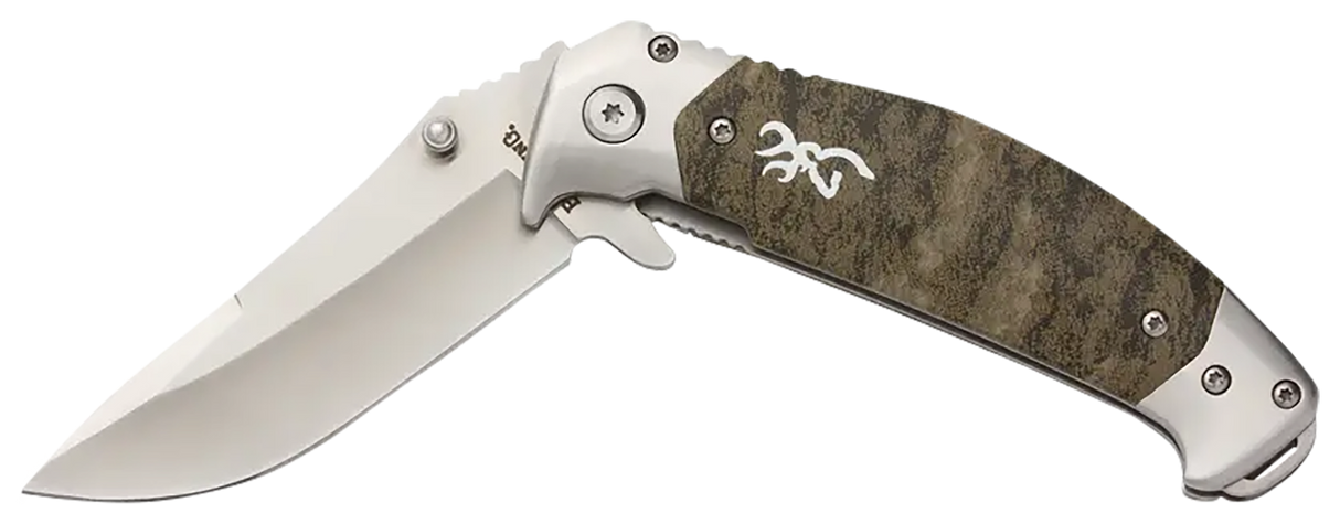 Browning 3220355 Tactical Hunter3.25" Folding Modified Drop Point Plain 9Cr18MoV SS Blade/Mossy Oak Bottomland Stainless Steel Handle Includes Pocket Clip