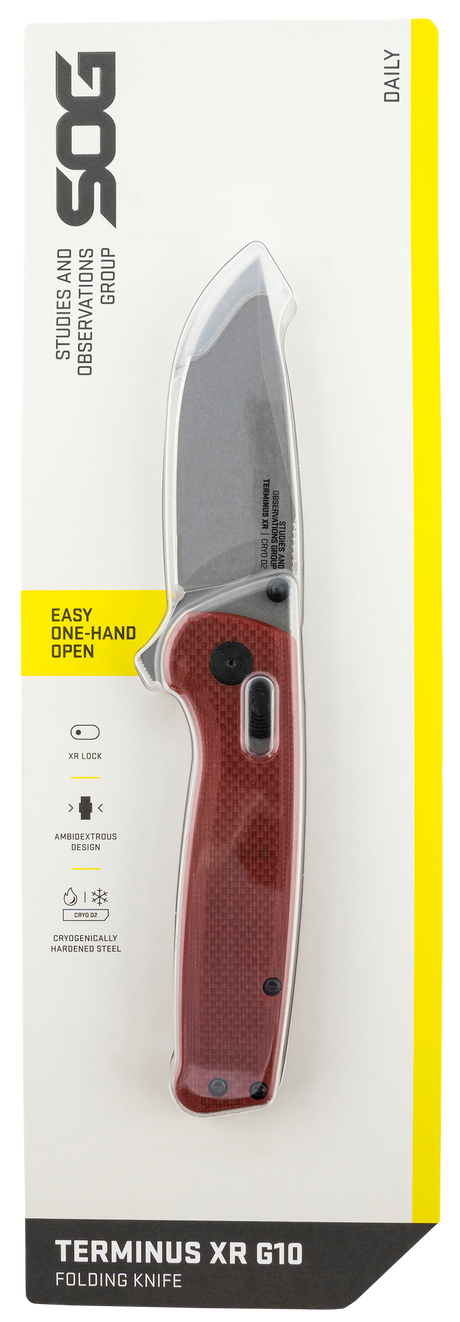 S.O.G SOGTM1023CP Terminus XR 2.95" Folding Clip Point Plain Stonewashed D2 Steel Blade Crimson Textured G10 Handle Includes Pocket Clip